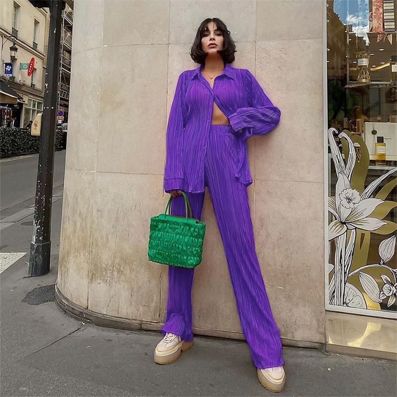 Casual High Wasit Pleated Pants Set Women Autumn Long Sleeve Blouses Matching Wide Trousers Suit Green Pleated 2 Piece Pant Sets