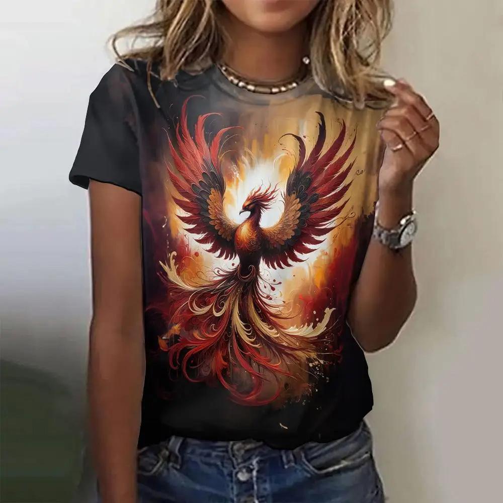Summer Women's T-shirt Fashion Phoenix Pattern Top Trendy Short Sleeved Clothing Round Neck Loose Top Women's Party T-shirt