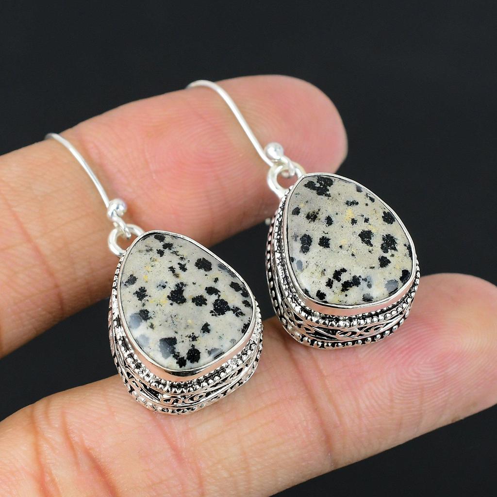 Sterling Silver Dalmatian Jasper Stone Sister Trendy Dangle Handcrafted Earrings
