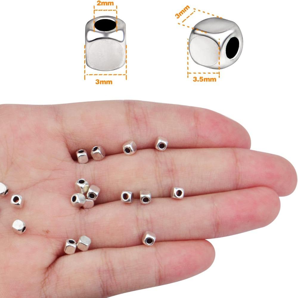 3mm Cube Beads Silver Spacers Beads Necklace Making Stainless Steel Loose  Jewelry Making
