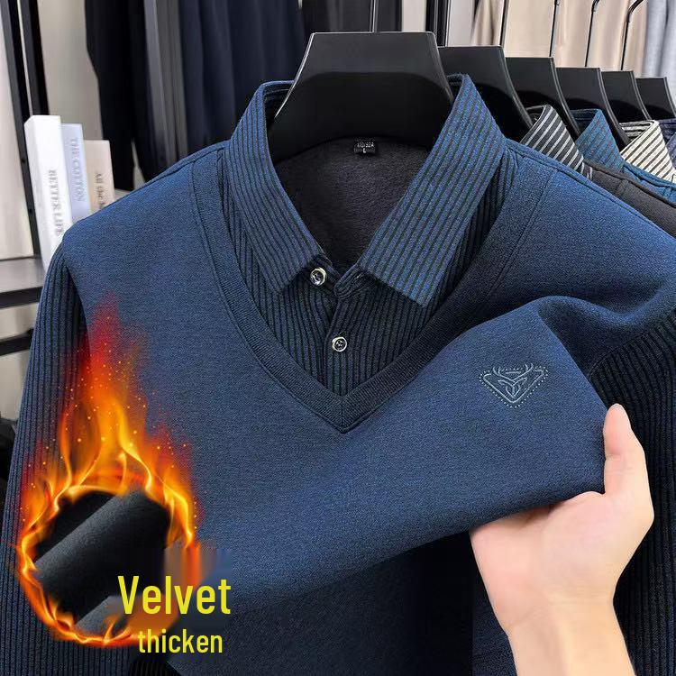 

Чоловіче смугасте поло з флісовою підкладкою, зима 2025: Теплий, Дизайн-імітація двійки для чоловіків середнього віку XXXL (170-190 jin) синій/сірий колір