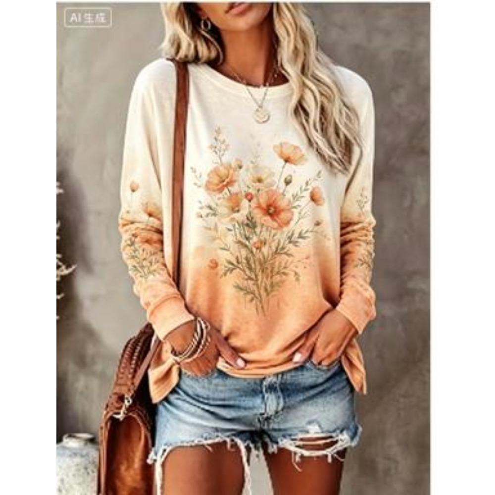 Women Long Sleeve T‑Shirt Vintage Tie‑Dye Rose Bouquet Floral Print