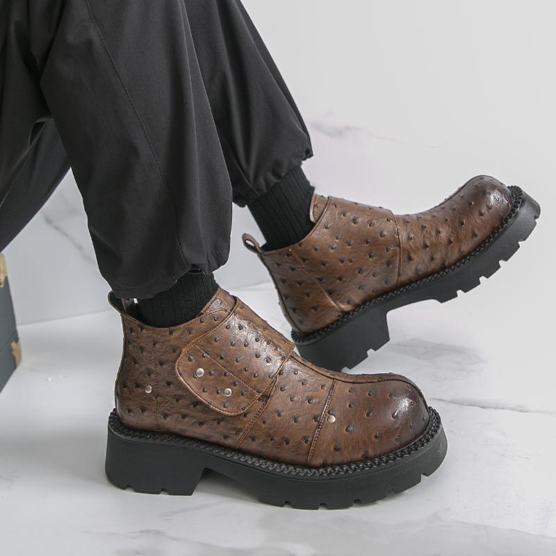 Men’s Retro Punk Thick Sole Platform Boots Elevator Boots Black Zipper Round Toe Motorcycle Boots High Boots Plus Size