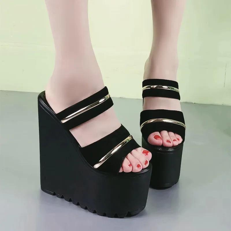 

Fashion 16CM Women s Platform Sandals High Heels Wedge Open Toe Slip On Backless Mules Summer Slippers Shoes 34 чёрный