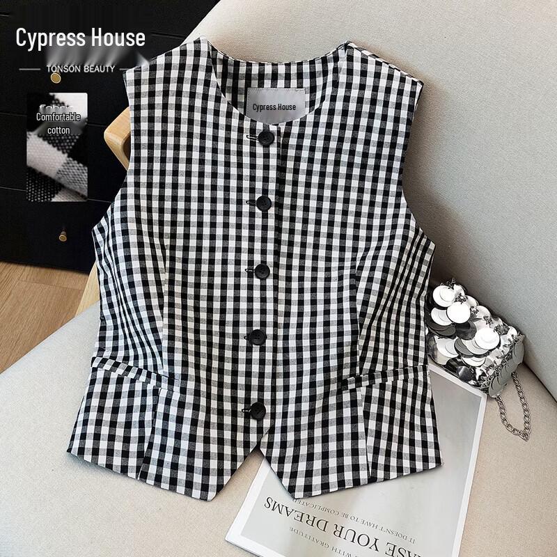 Sibaisha Women s Color-block Plaid Casual Vest S