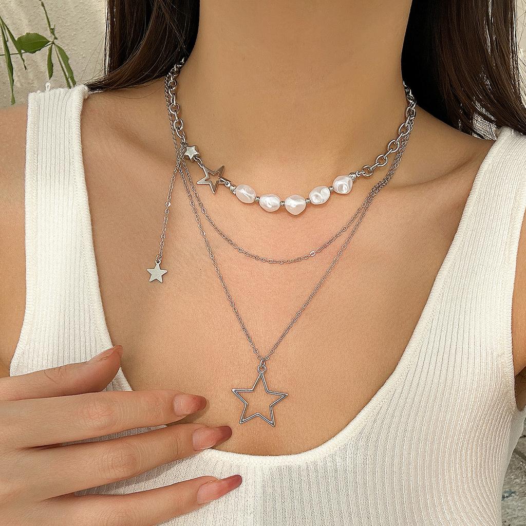 Hip Hop Babes Wind Star Pendant Necklace Choker Temperament Round Bead Imitation Pearl Metal Chain Necklace