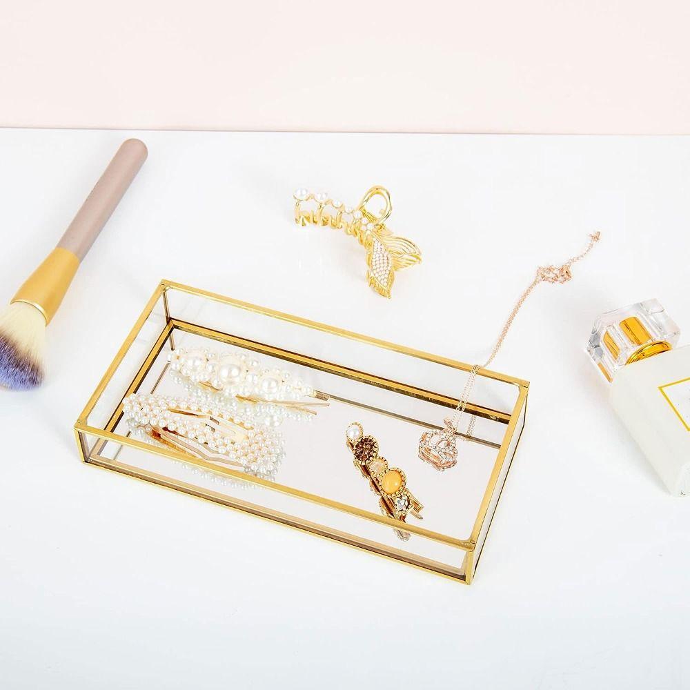 7.87*5.5*1.38 Inch Decorative Tray Gold Vintage Jewelry Tray Gold-rimmed Glass Storage Tray  Office