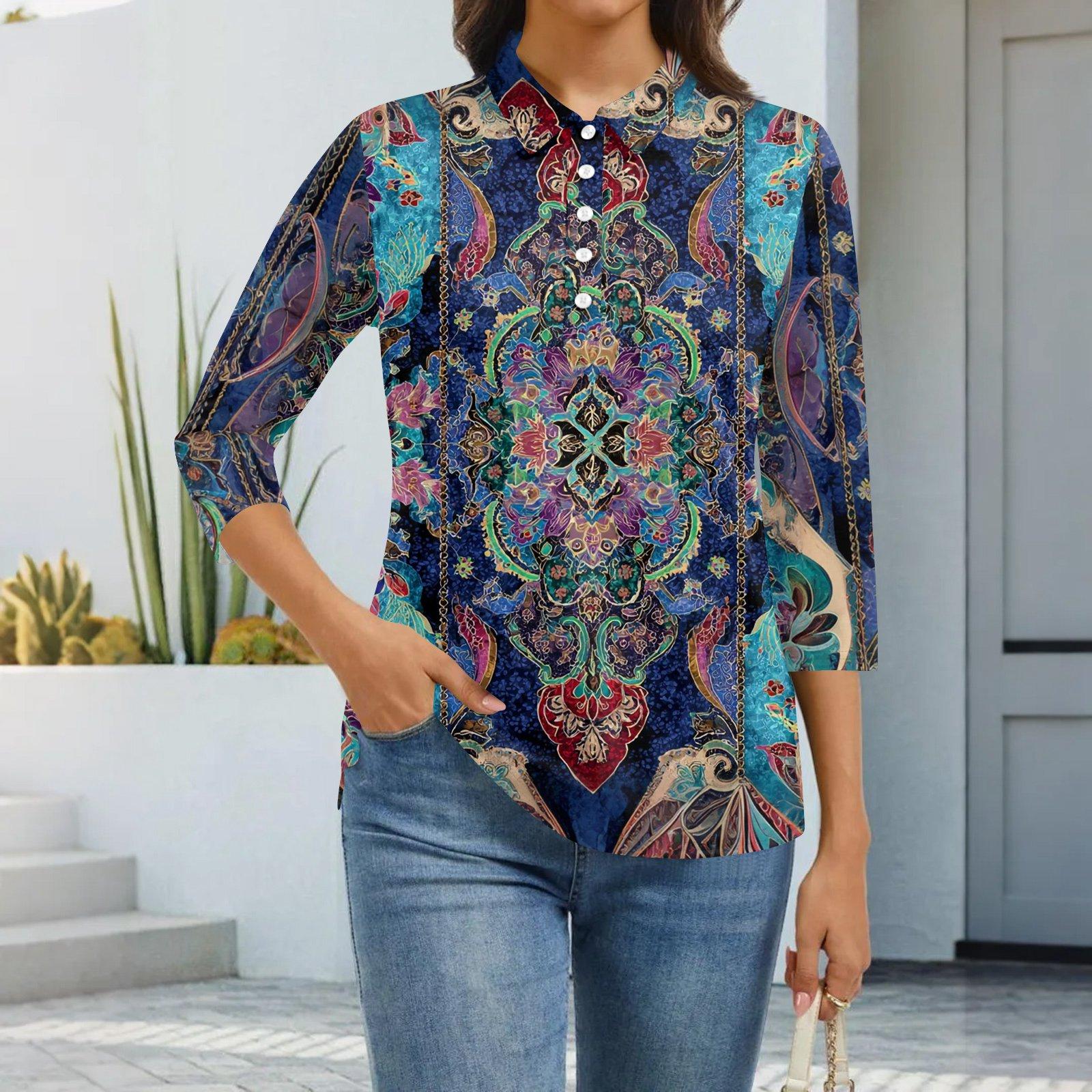 

Женская модная повседневная рубашка с лацканами и рукавом 3/4 с принтом, женские топы на пуговицах S