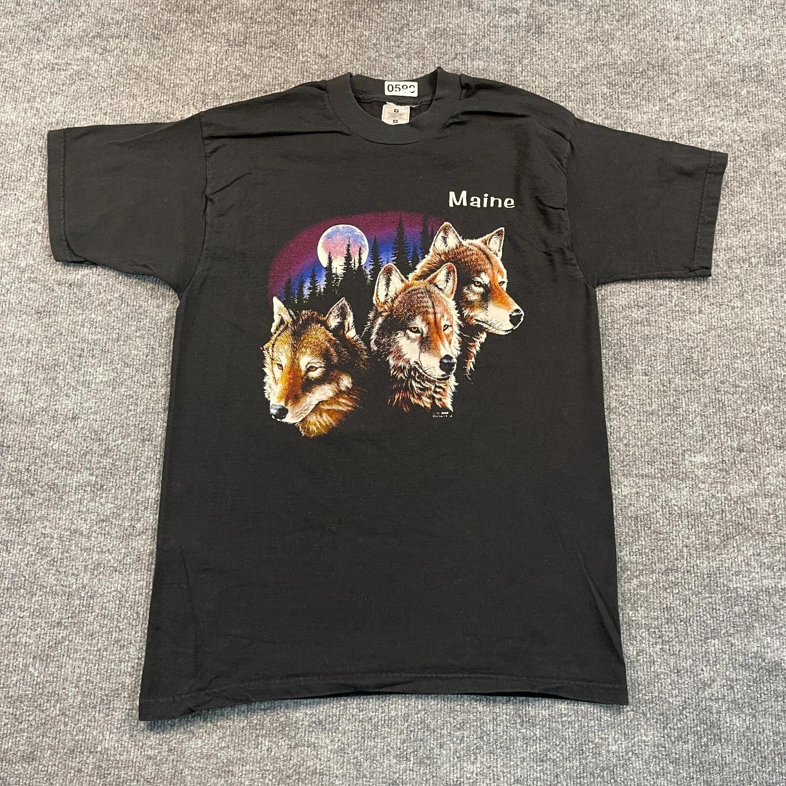 Vintage 90s Maine Moonlit Mountain Wolf Graphic Shirt Medium 20x28 Black L