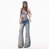 Spring Summer Hand Sand Enzyme Wash Stretch Blue Slim Micro Flare Denim Pants For Women Casual Pants Oversize Denim Trousers