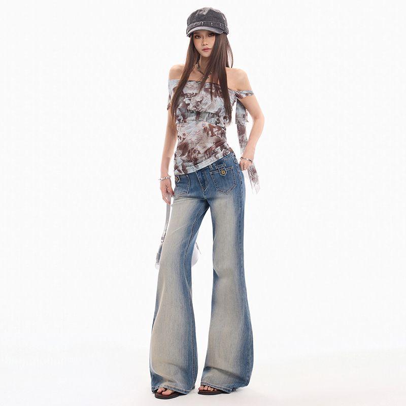 Spring Summer Hand Sand Enzyme Wash Stretch Blue Slim Micro Flare Denim Pants For Women Casual Pants Oversize Denim Trousers