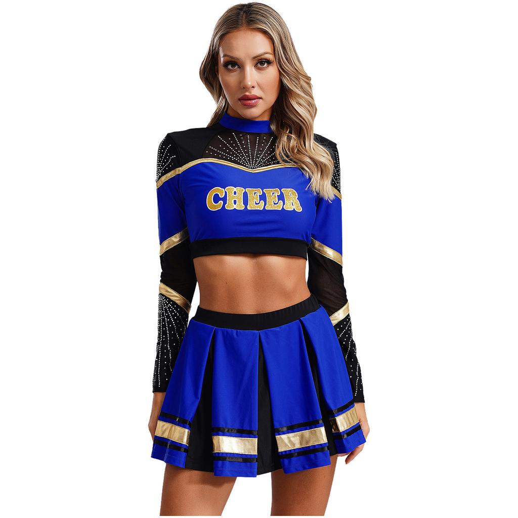 Damen Cheerleader Tanzbekleidungsset Langarm Pailletten Crop Top Plissee Rock Cheerleading Uniform Kostüm