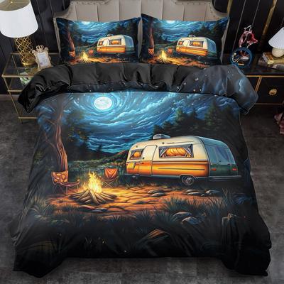 2/3-teiliges Bettbezug-Set, Fantasy, Cartoon-Wohnwagen-Druck Bettbezug-Set King Queen Stil Bettwäsche-Set, Polyester Maschinenwaschbar
