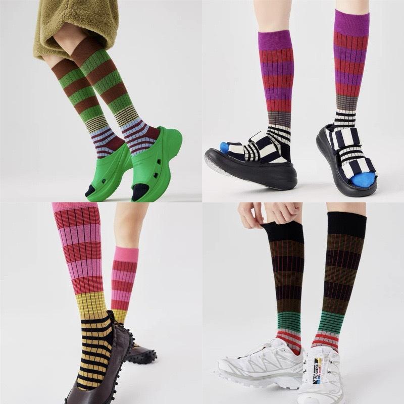 Popular Vintage Maillard Style Contrast Stripes Outdoor Fashion Skinny Stockings & Knee Socks Stacking Socks