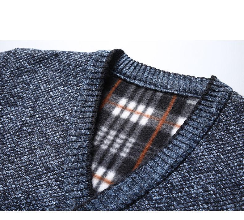 New Winter Casual Velvet Men's Knitted Long Sleeve V-Neck Cardigan Jacket