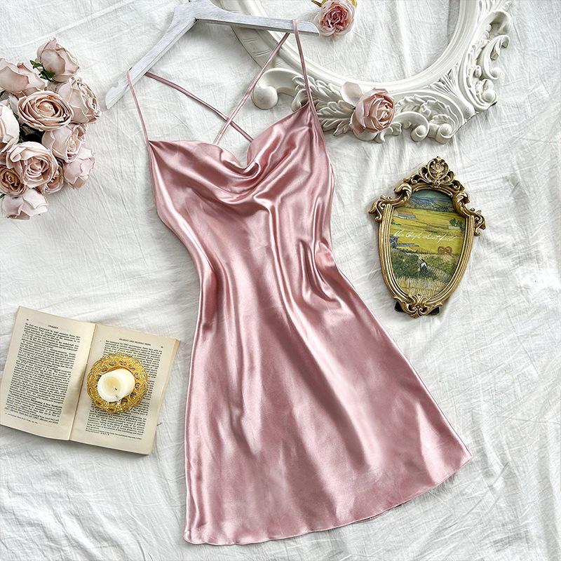 

Ночная рубашка с бретелью через шею, сексуальная ночная рубашка с открытой спиной, женская, имитация шелка, повседневная, дышащая, юбка с бретелью через шею XL розовый