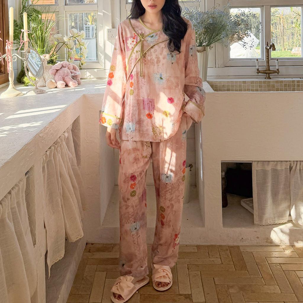 Cotton silk pajamas women's 1011 new spring and summer long-sleeved new Chinese-sleeved loungewear suit retro national style can be worn outside