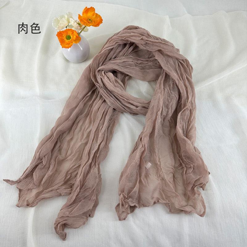 Women Soft Breathable Cotton and Linen Scarves Solid Color Pleated Scarf Retro Bohemian Style Long Wraps 180*90cm Multi Color