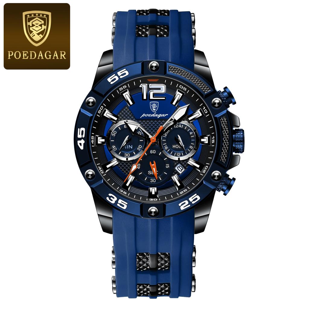 POEDAGAR Orologio da Polso da Uomo di Lusso Cronografo Sportivo Cinturino in Silicone Orologi Impermeabile Luminoso Data Orologio al Quarzo Moda