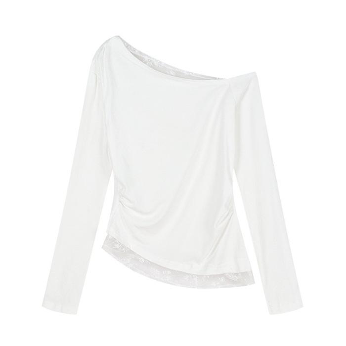 

MR [Tmall Quality] One-word shoulder white lace slanted shoulder T-shirt women s early autumn slim-fit short off-shoulder bottoming shirt S белый