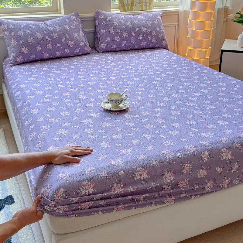 Washed Cotton Fitted Sheet with Elastic Bands Non Slip Adjustable Mattress Cover Printed Pure Cotton Bed cloth Skin-friendly Bed Cover