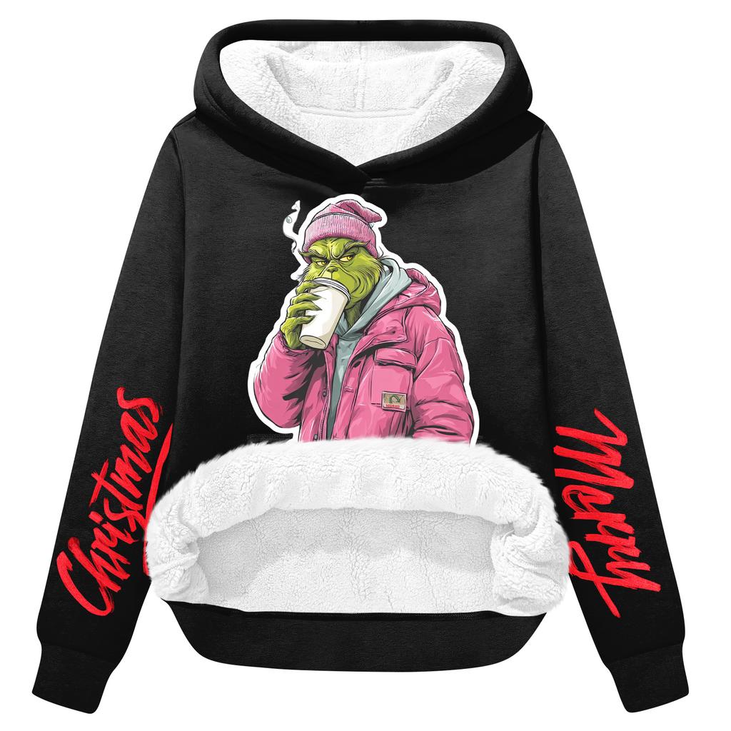 Women's Casual Fashion Plus Velvet Thickened Christmas Print Hooded Sweatshirt