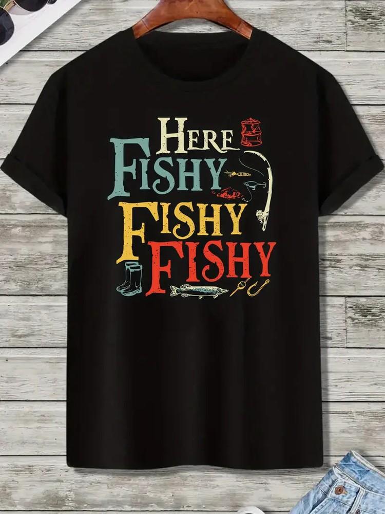 

Мужская повседневная футболка с графическим принтом для рыбалки - принт «Here Fishy», короткий рукав, круглый вырез 4XL