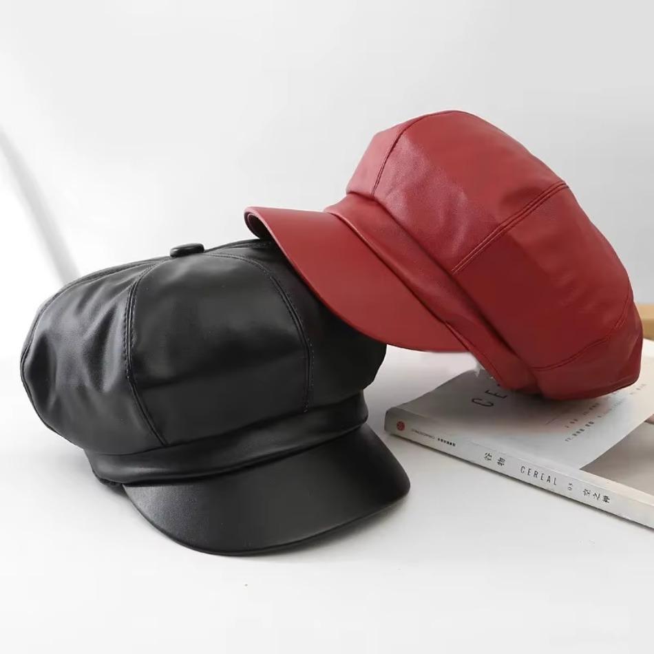 Osmihranný baret z PU kůže Podzim Zima Dámský Jednobarevný Barety Baseballová čepice Dámský Vysoce kvalitní Newsboy Cabbie Beanie