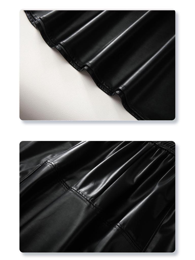 Coffee PU Leather Elastic Waist A-Line Pleated Midi Skirt - Women's 2024 Spring/Autumn Style