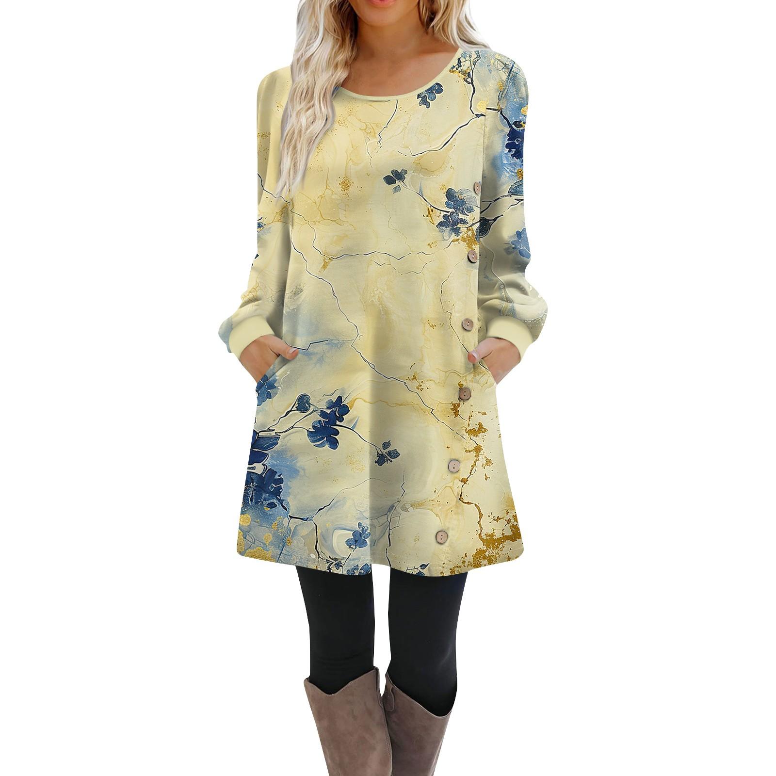 

Женское платье-трапеция с длинным рукавом, повседневное платье-пуловер свободного кроя на пуговицах с карманами XL жёлтый