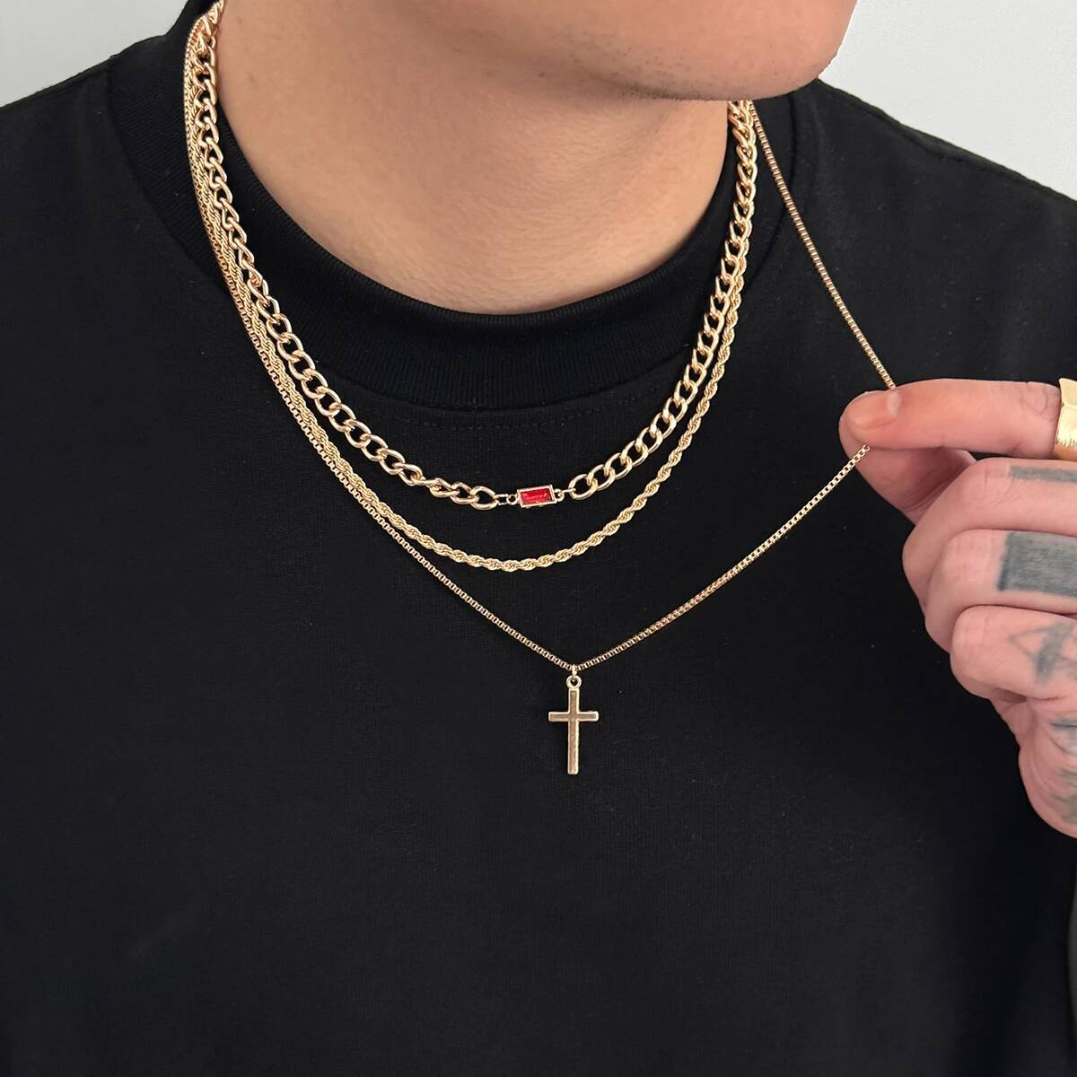 

SHIXIN 3pcs/set Hip Hop Metal Jesus Cross Pendant Thin Snake Chain Necklace Men Punk Gold Color Cuban Link Chain Choker Jewelry червоний
