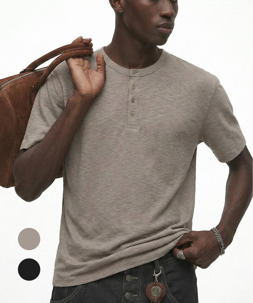 Beoteunseoul Basic Henley Neck Relaxed Slim Fit Short Sleeve T-Shirt (Dark Beige/Black)