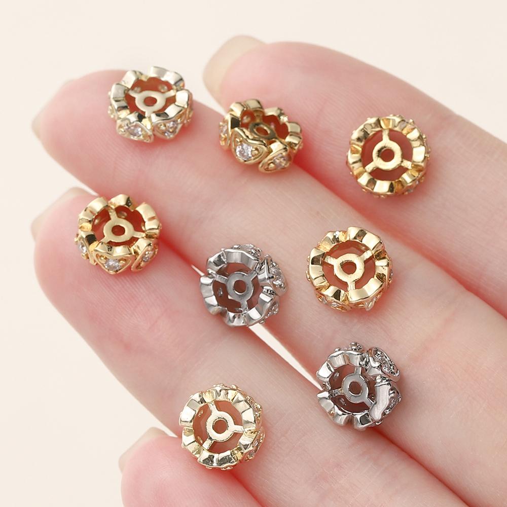 5/10Pcs/Pack 14/18K Gold Color Plated Round Heart Spacer Beads with Zircon for DIY Bracelet Jewelry Making Accessories