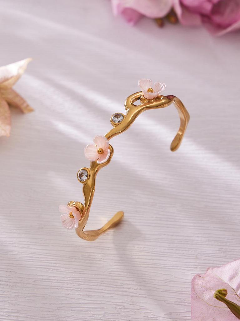 18K Gold-Plated Stainless Steel Zirconia Flower C-Shaped Open Bangle