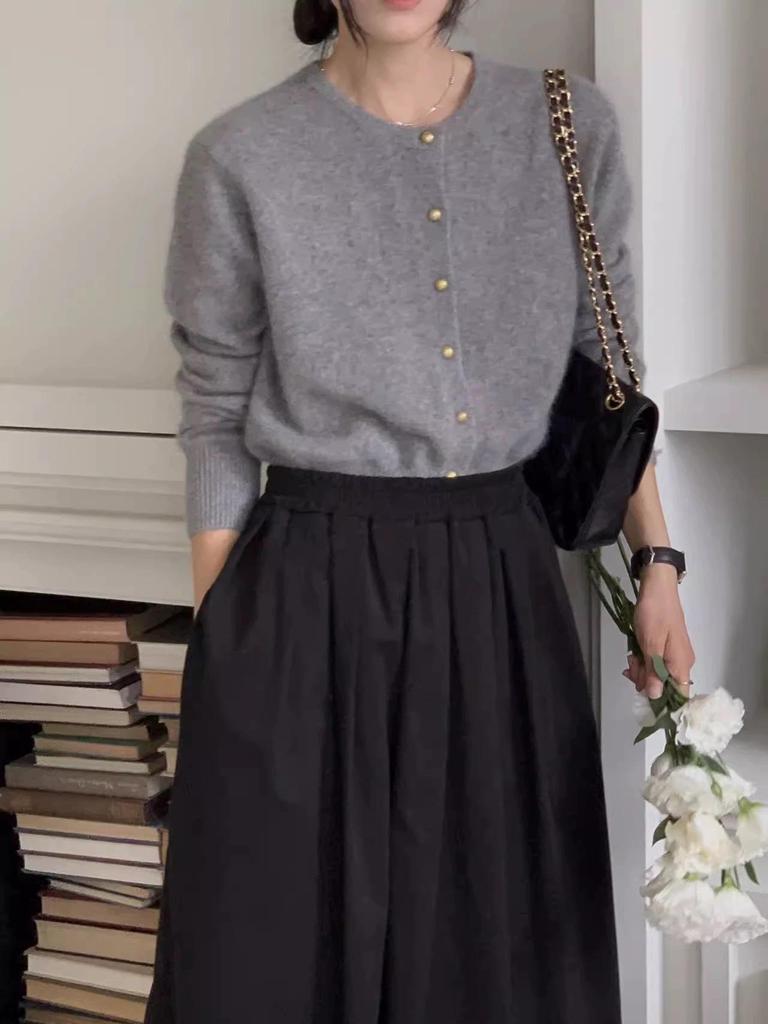 Women's French-Inspired Loose Fit Pure Wool Knit Cardigan with Gold Buttons and Round Neck Sweater