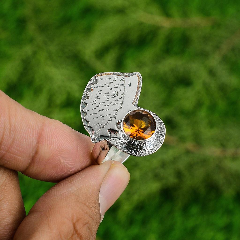 Round Natural Citrine Stackable Statement Handcrafted Wife Ring Sterling Silver