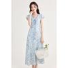 2026 Frühling/Sommer Elegantes blaues Blumen-A-Linien-Kleid: Taillenbetonend, Kurzärmelig, Französischer Stil
