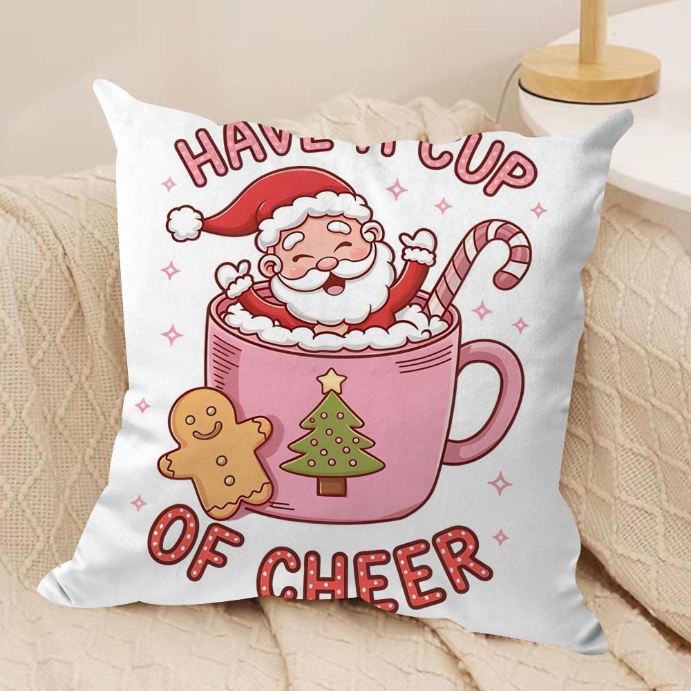 Christmas Pink Gingerbread Cushion Cover Silky Short Plush Invisible Zipper Dustproof Sofa Pillow Case For Home Decor
