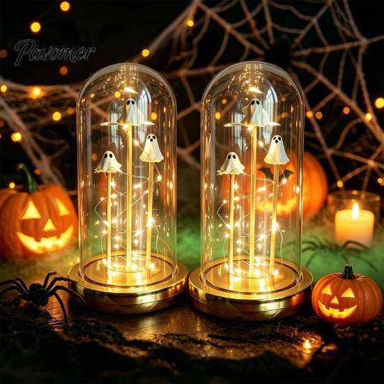 Festival Theme Decoration Halloween Indoor Light Up Ghost in Dome Cloche, Cute 3 Mini Figurine Party Supplies Night with Warm LED for Home Table