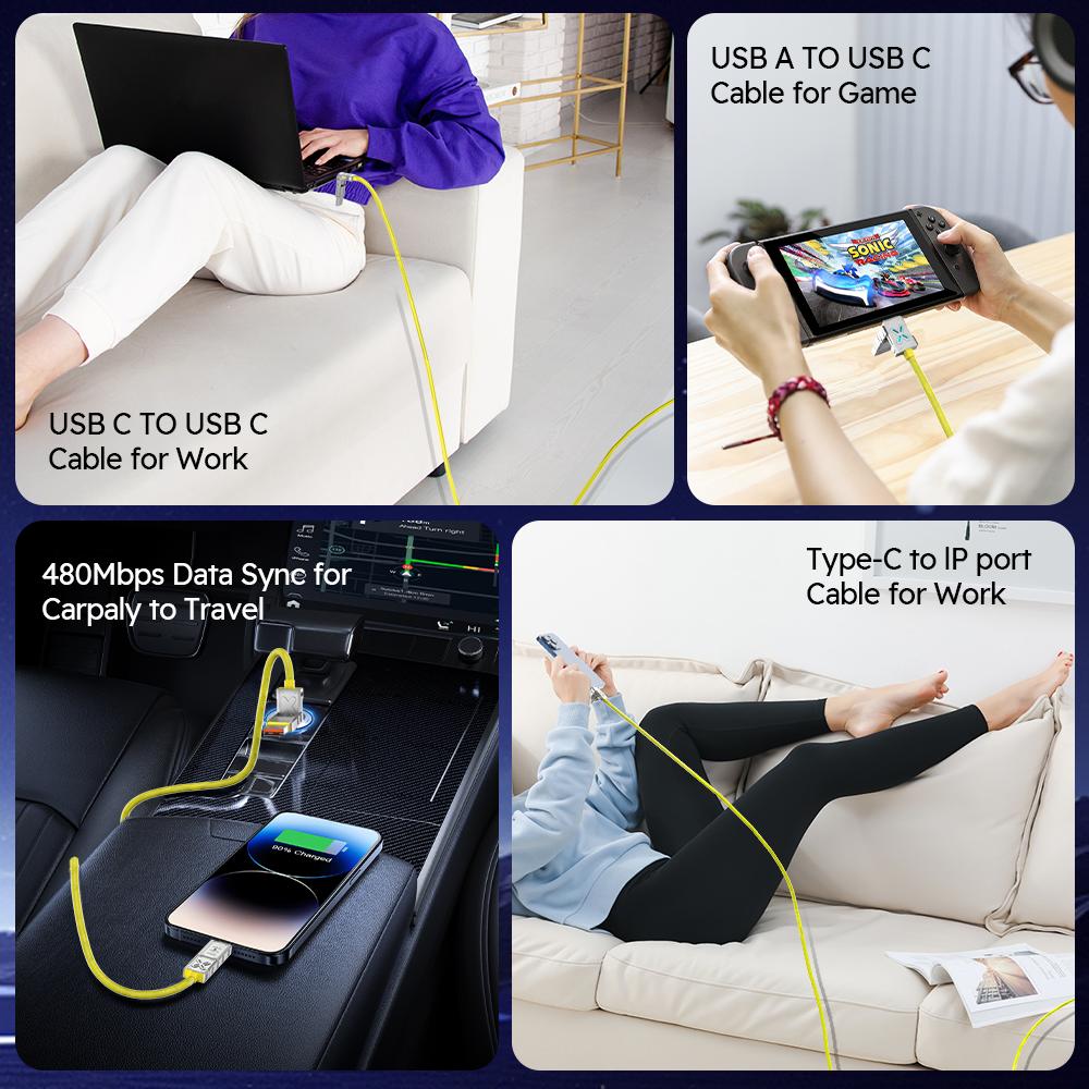 240W 4-in-1 Super Fast Charging Data Cable USB-C To Type-C Zinc Alloy Cable For Iphone Samsung Huawei Xiaomi Multi Port Multiple