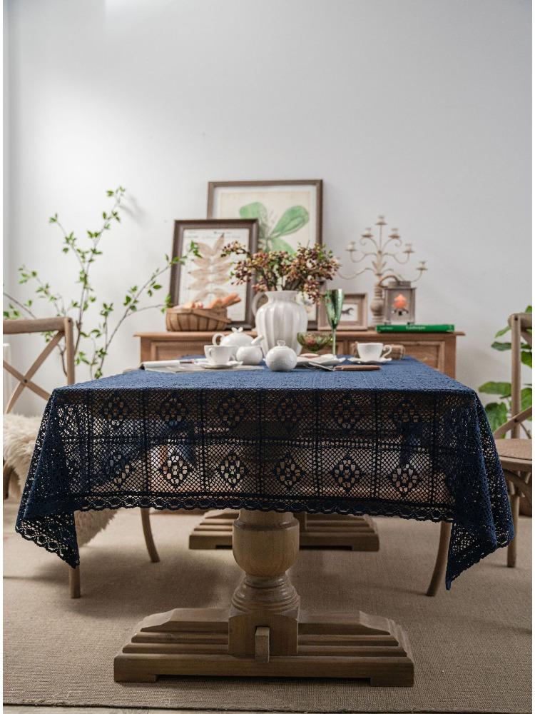 Crochet Lace Tablecloth with Tassels – Elegant Diamond Plaid Design, Cream Floral Patterns, Perfect for Weddings, Family Banquets Everyday Dining Room