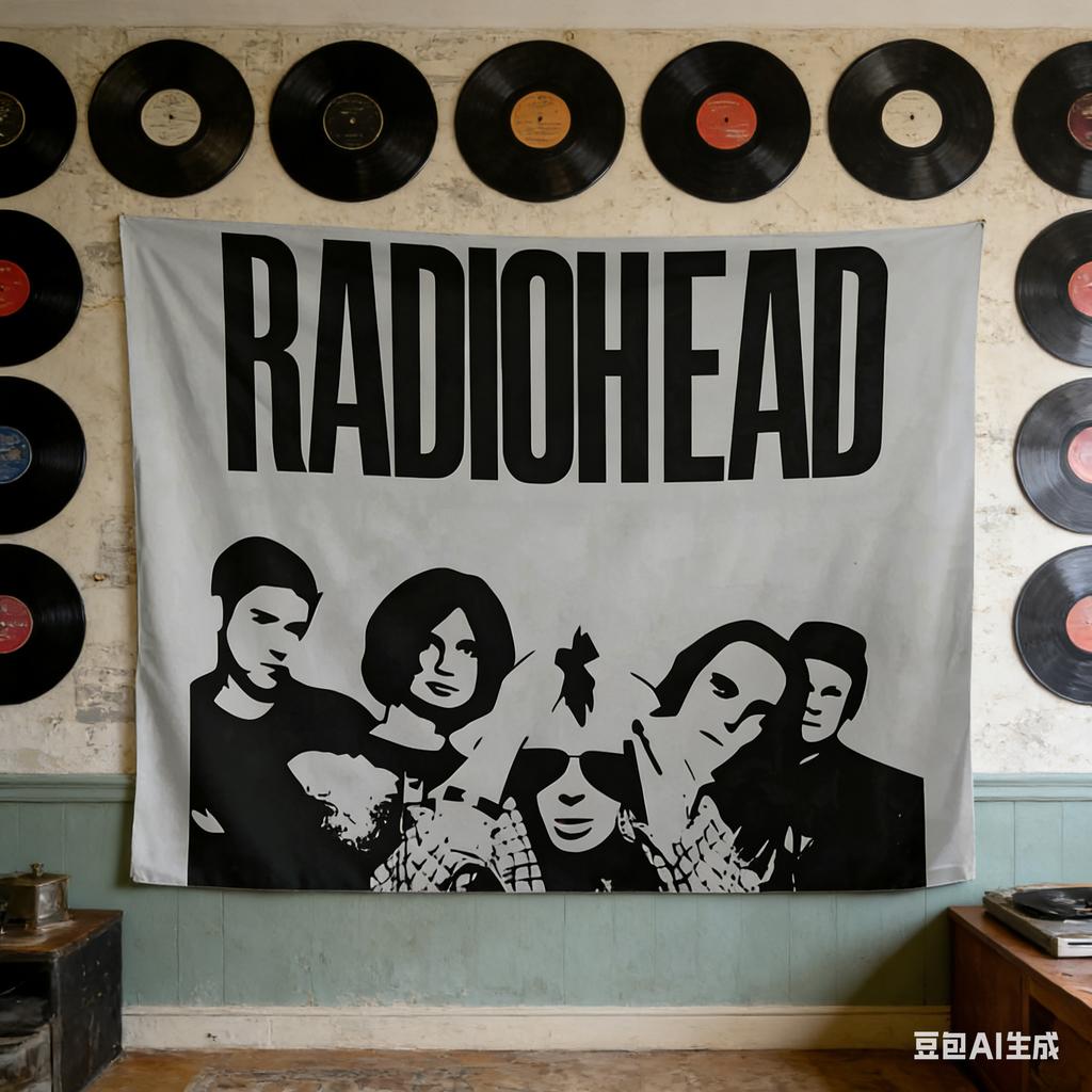 1 Stück Indie Rock Radiohead Wandteppich 2D Polyester Wandbehang Musikband Dekoration für Schlafzimmer Wohnzimmer Musikliebhaber Geschenk