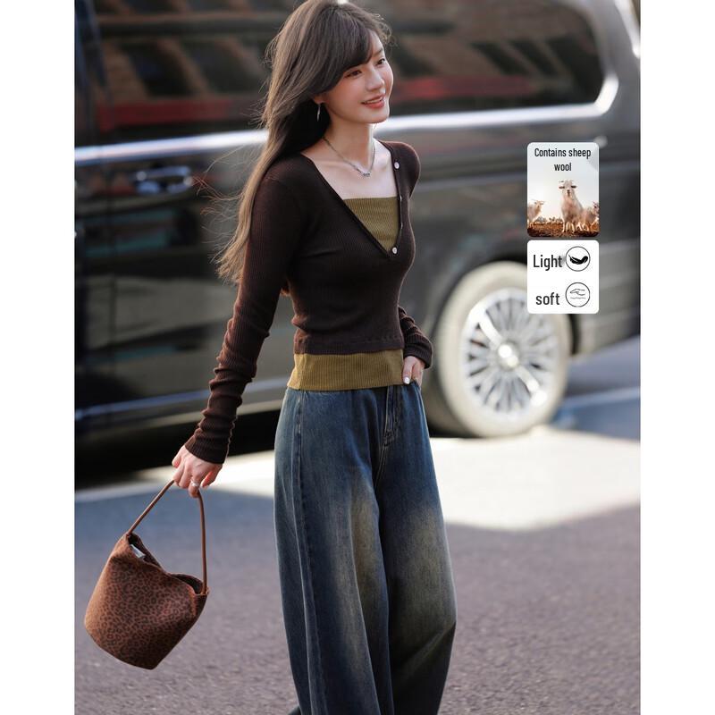 Women s Retro Faux Two-Piece Color-Block Knit Sweater S