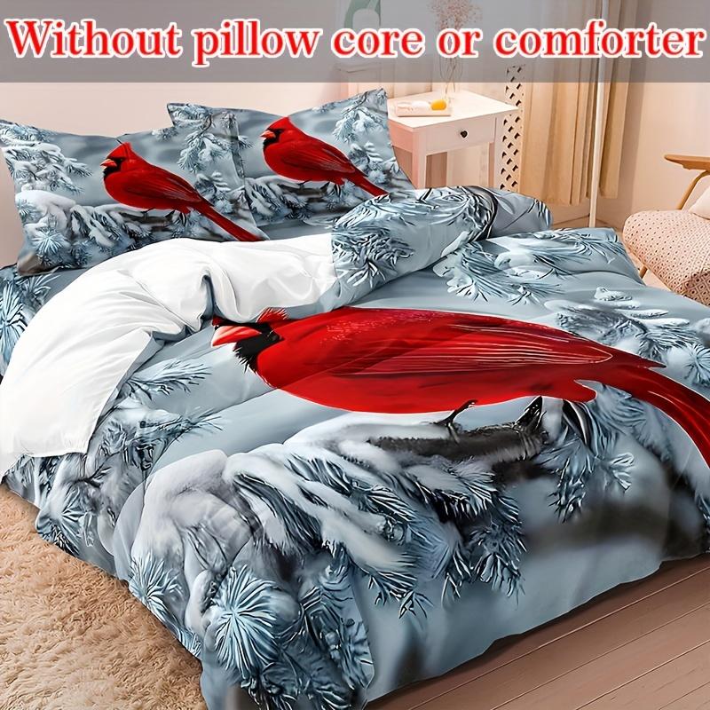 Comforter 3Pcs Red Bird Winter Snow Ultra Soft Comfortable Breathable Bedding Animal Theme For Bedroom