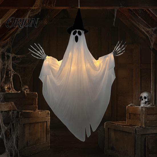 Lighted Ghost Pendant Halloween Hanging with Witch Hat, Light Up Spooky Tree Decorations Outdoor Decor for Porch Tree, Haunted House Scene Ornament
