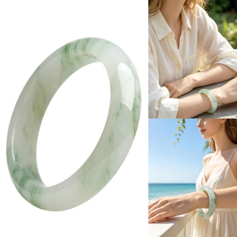 Green Marbled Stone Bracelet, Polished Round Slip On Bangle Jewelry for Work Outfits, Gatherings, and Everyday Styling