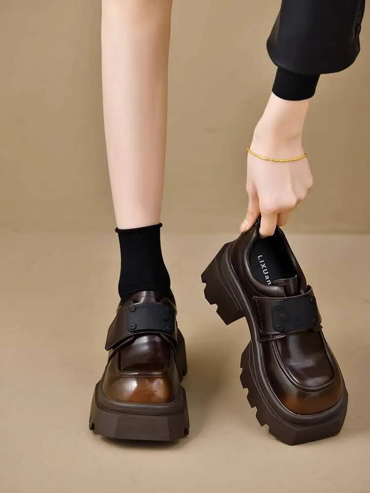 Leather Shoes  New Spring Autumn Women'S Black Loafers Vintage British Style Thick Soled Chunky Heel Jk Leather Dress Shoes