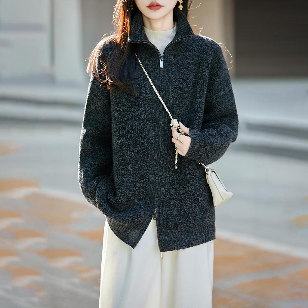 Women's Pure Wool Zipper Knit Cardigan - Long Sleeve, Soft, Warm, Solid Color for Autumn/Winter