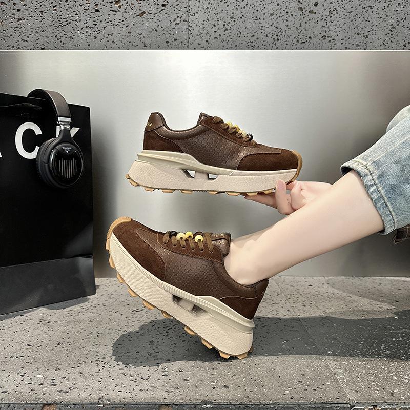 Autumn new leather round head thick sole heightening versatile sports shoes women's light casual shoes