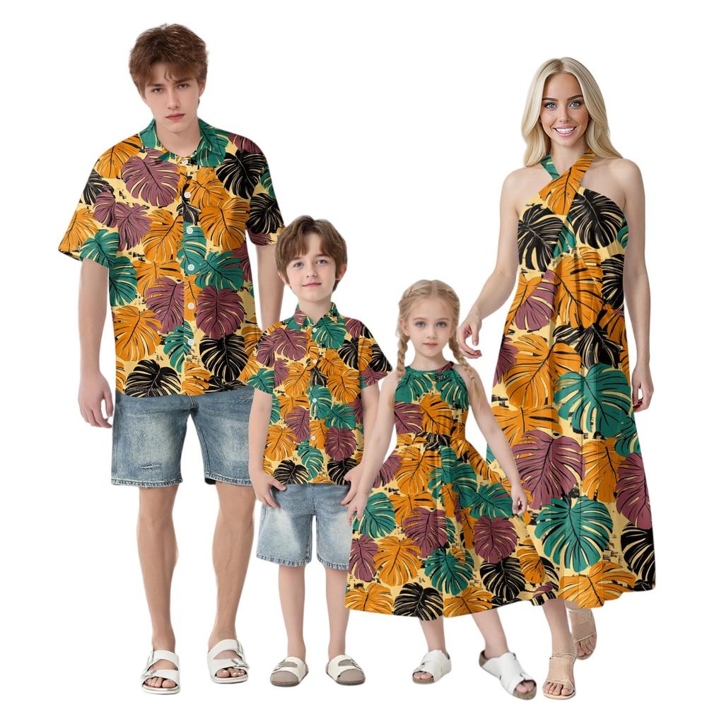 Family Matching Summer Outfits, Hawaiian Vacation Women Beach Dress, Girls Sundress, Men And Boys Button Down Shirt